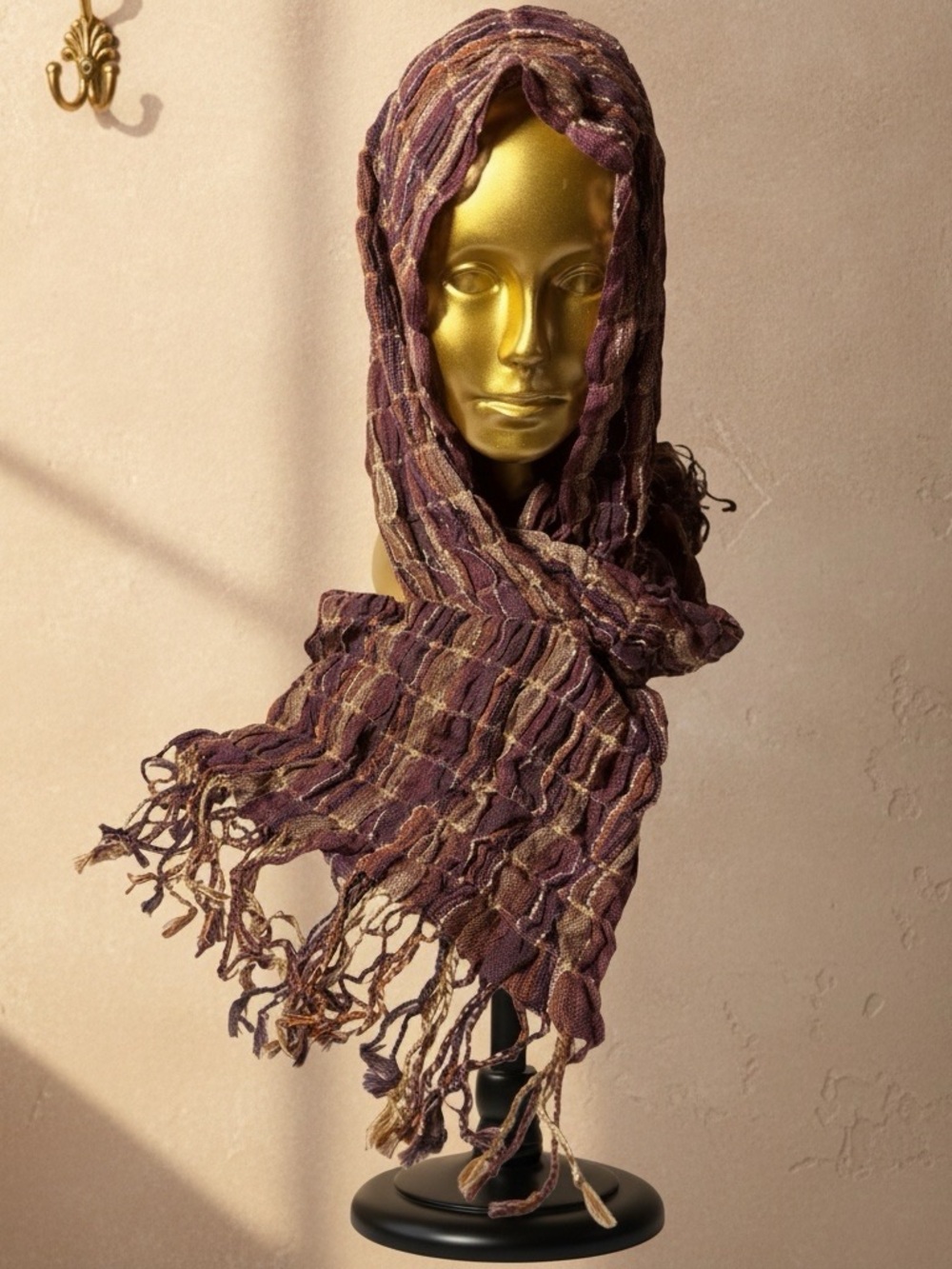 Purple and Taupe Textured Woven Scarf with Fringes